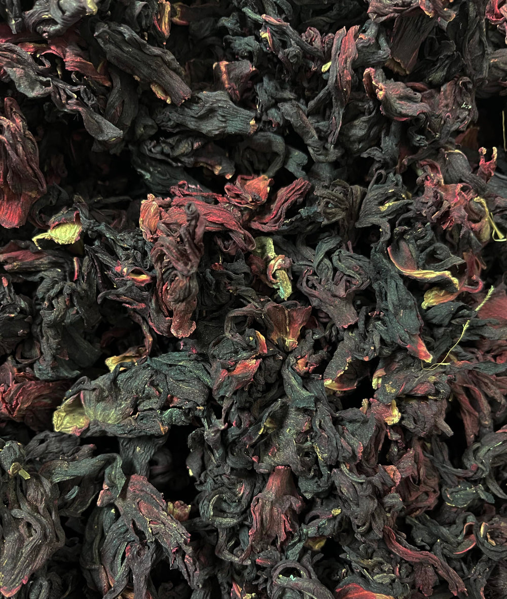 Mexgrim hibiscus flowers deep red brew showing vibrant color and aroma.