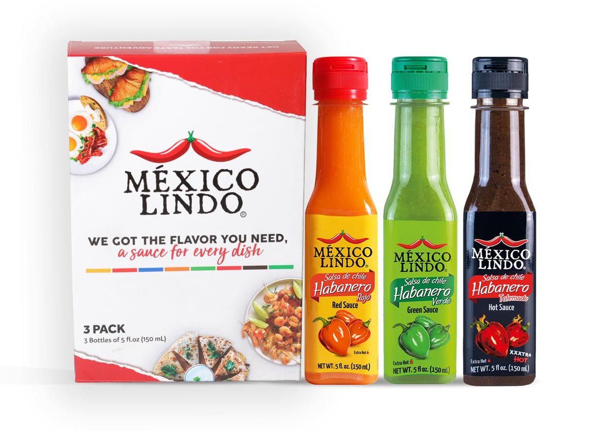 Mexico Lindo red habanero sauce bottle on counter adds bold heat for tacos.