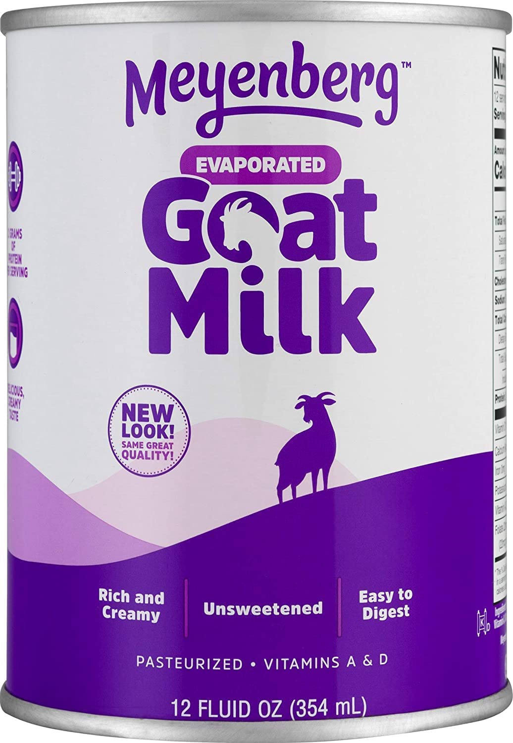 Meyenberg evaporated goat milk bottle trio on kitchen counter for everyday use