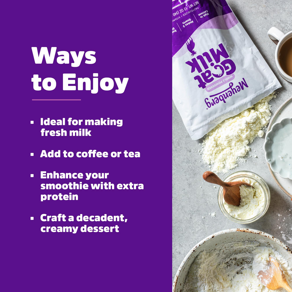 Meyenberg goat milk powder nutrition label highlights protein content.