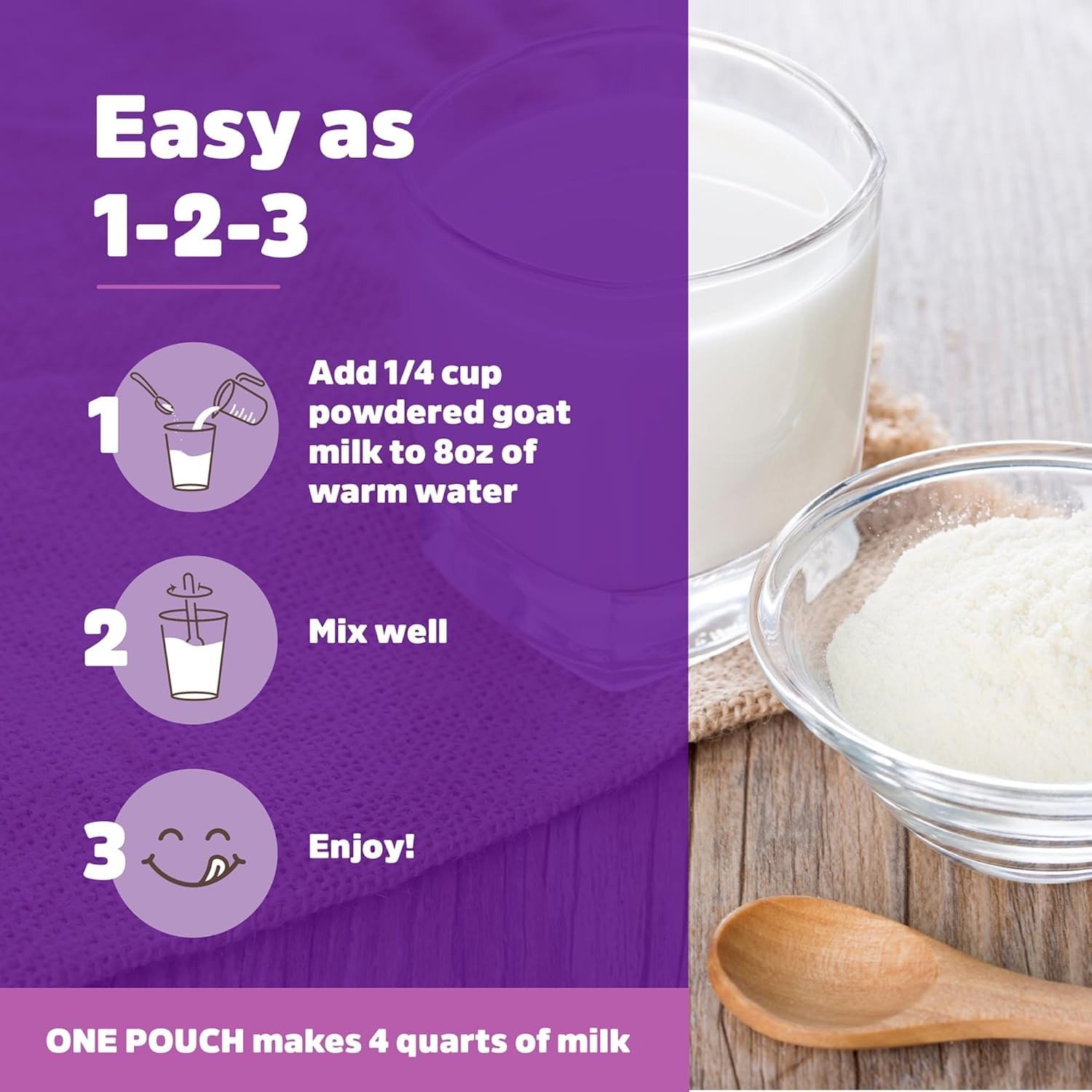 Meyenberg goat milk powder being poured into a glass for easy mixing