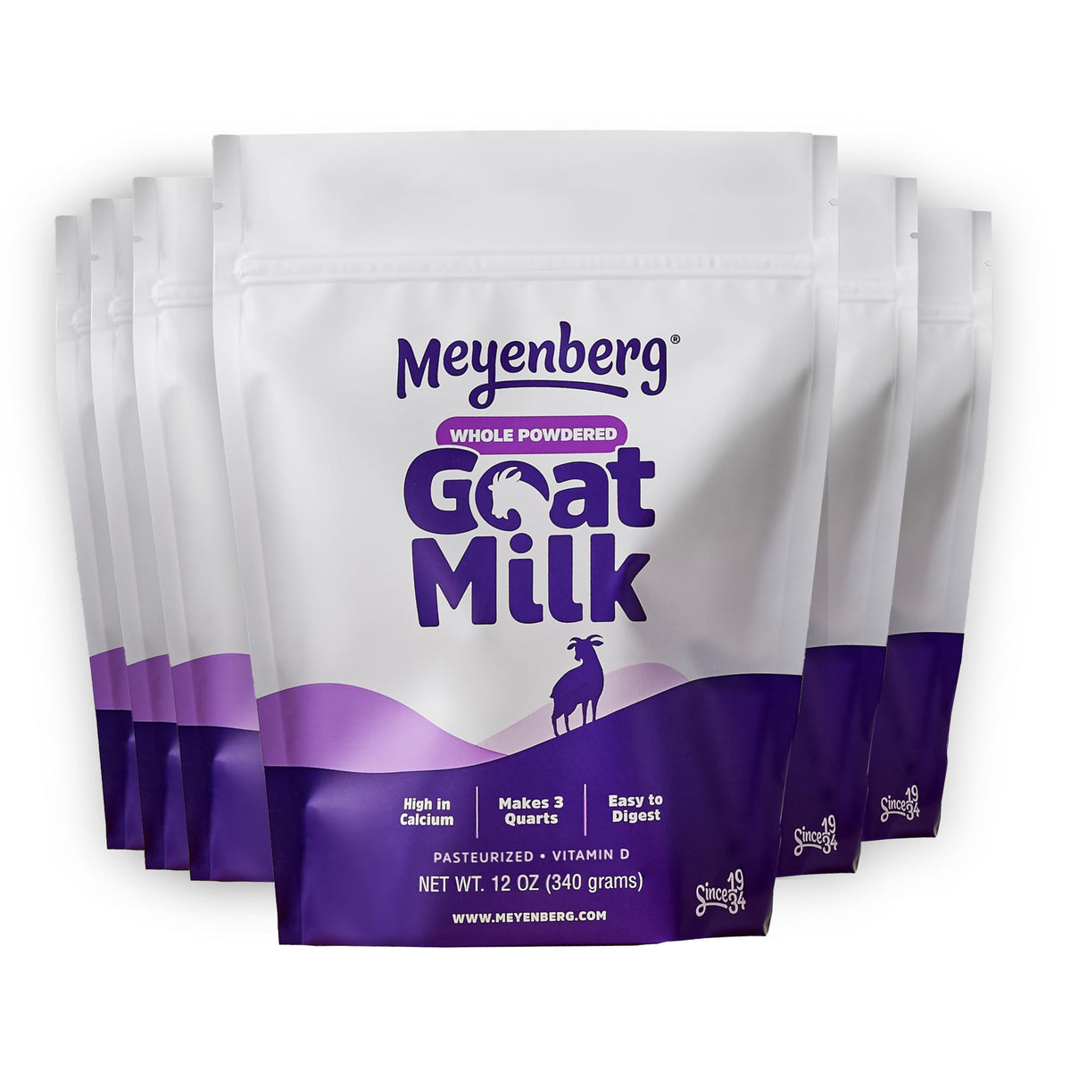 Meyenberg whole powdered goat milk packaging in a 12oz pouch, easy to store.