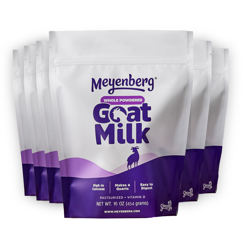 Meyenberg whole powdered goat milk in a 16oz pouch ready to blend into drinks