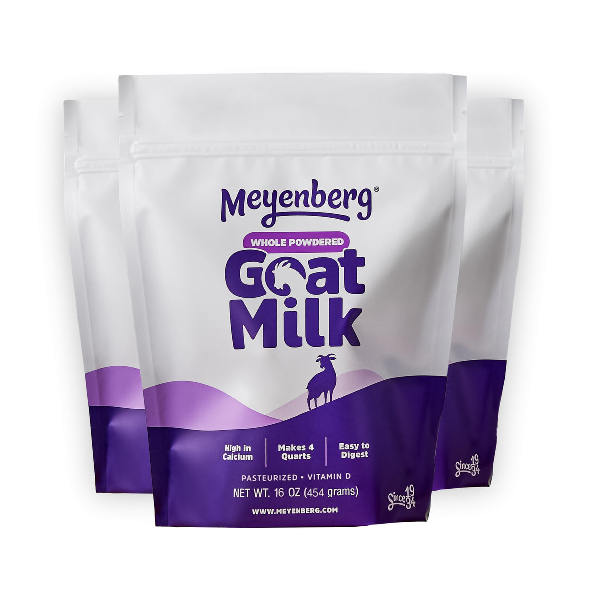 Meyenberg whole powdered goat milk three-pack front packaging shows premium quality