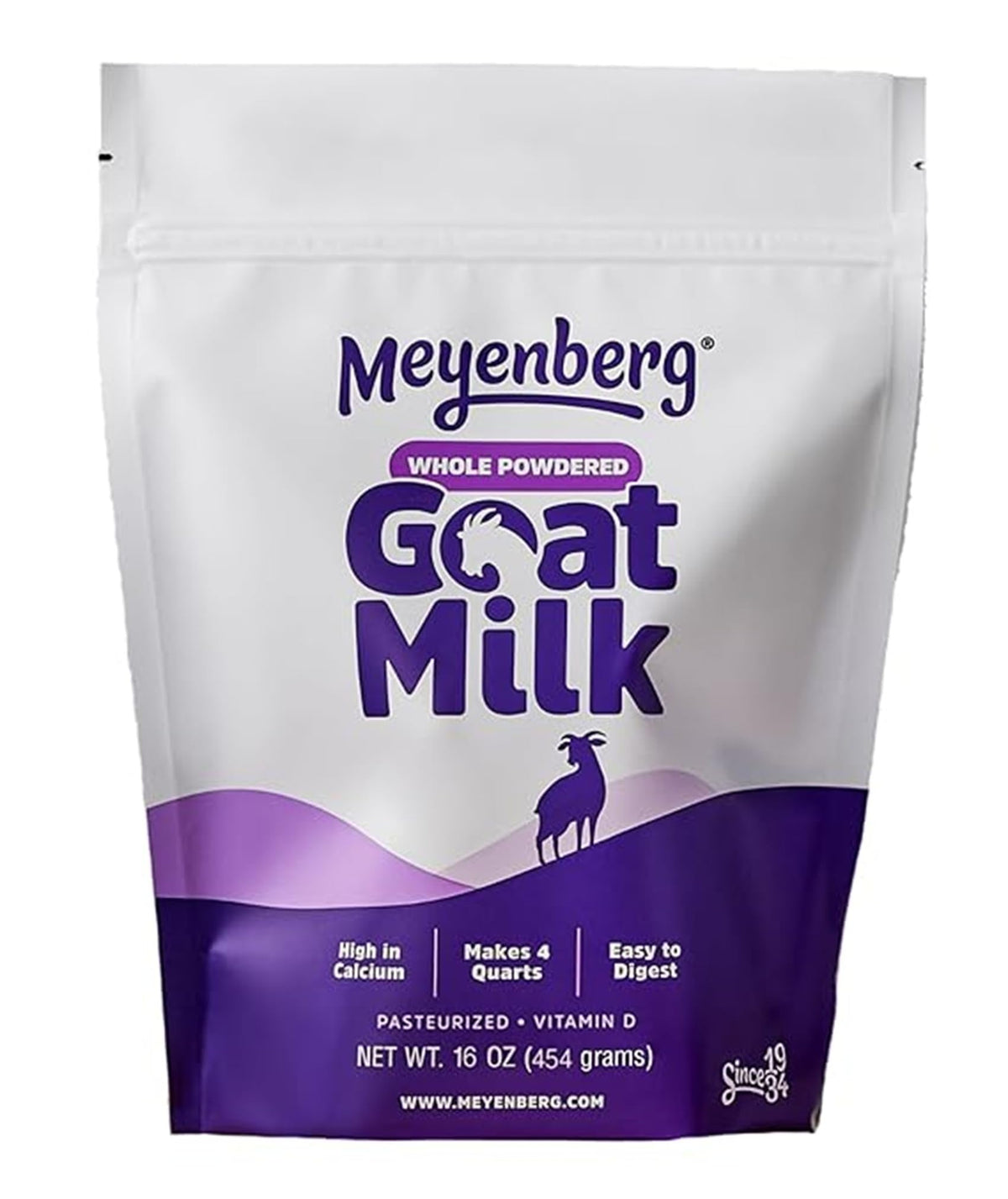 Meyenberg whole powdered goat milk pouch showing creamy powder ideal for daily beverages and easy mixing.