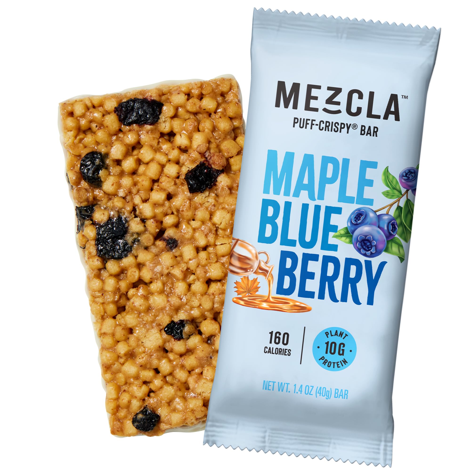 Mezcla Puff Crispy Maple-Blueberry bar close-up with airy crunch for a quick snack.