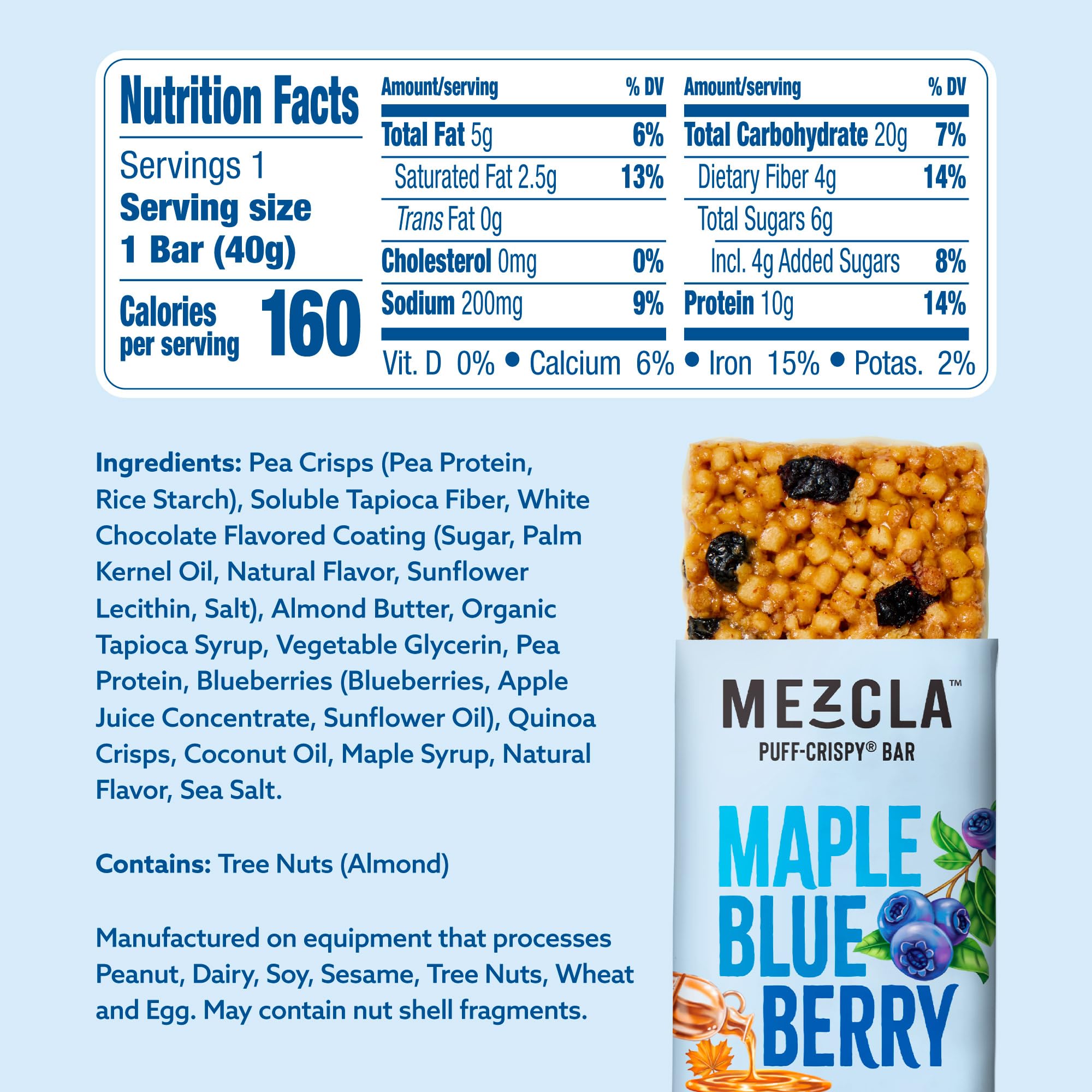 Mezcla Puff Crispy Maple-Blueberry bar sliced to reveal creamy center and protein boost.