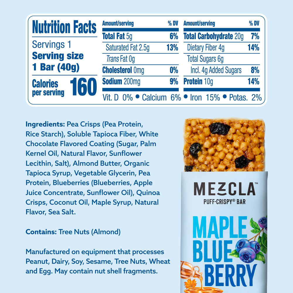 Mezcla Puff Crispy Maple-Blueberry bar sliced to reveal creamy center and protein boost.