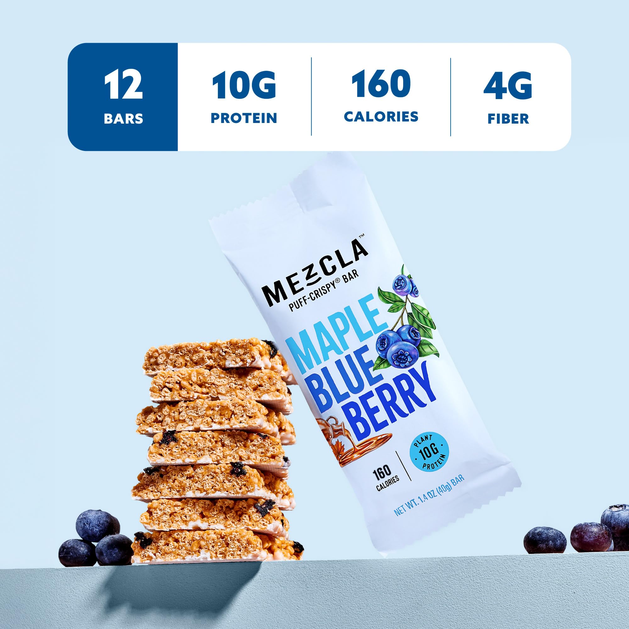 Mezcla Puff Crispy Maple-Blueberry bar packaging highlights gluten-free and vegan features.