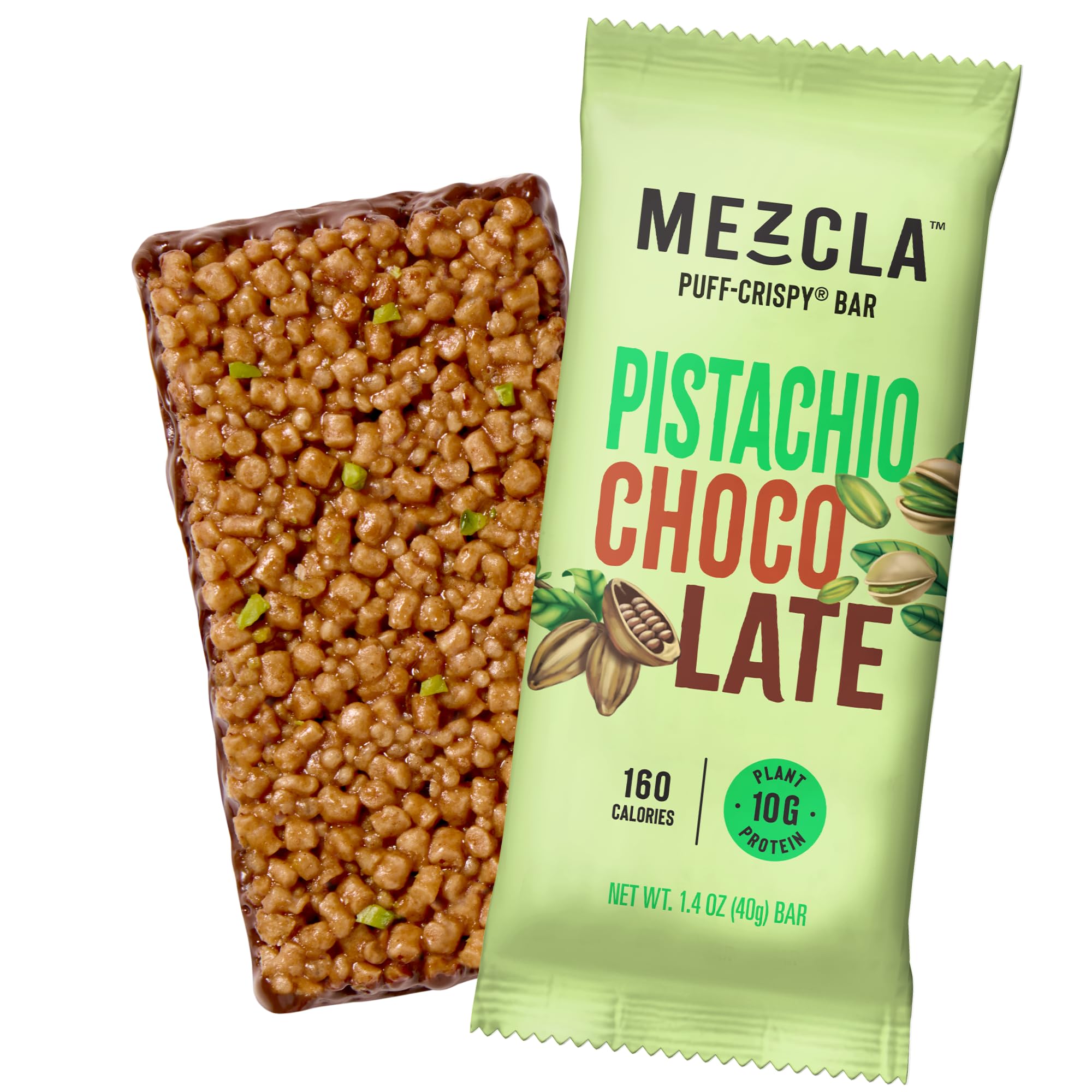 Mezcla Puff Crispy Pistachio Chocolate bar packaging, gluten-free and vegan snack