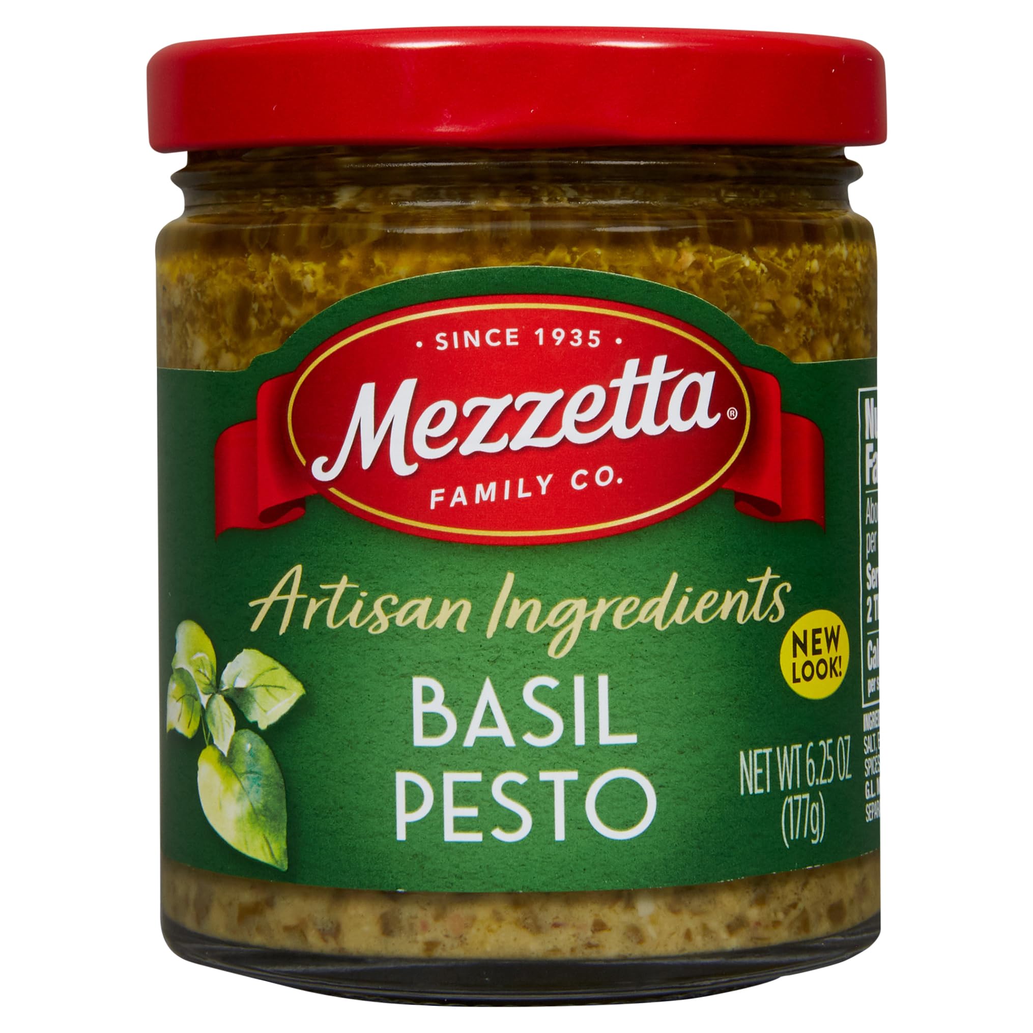 Mezzetta Basil Pesto sauce jar, ideal for pasta, meats, and vegetables.