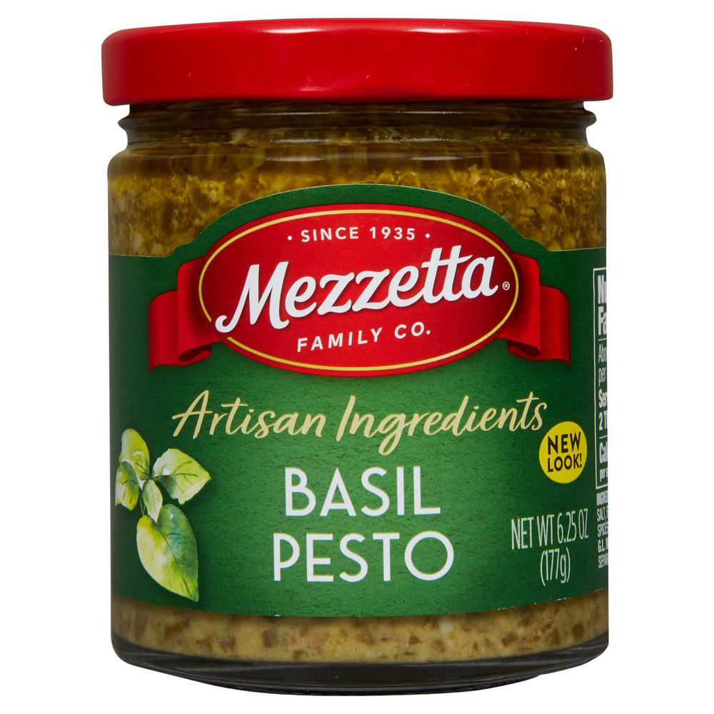 Mezzetta Basil Pesto sauce jar, ideal for pasta, meats, and vegetables.