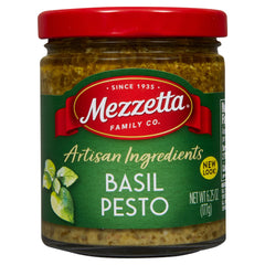 Mezzetta Basil Pesto sauce jar, ideal for pasta, meats, and vegetables.