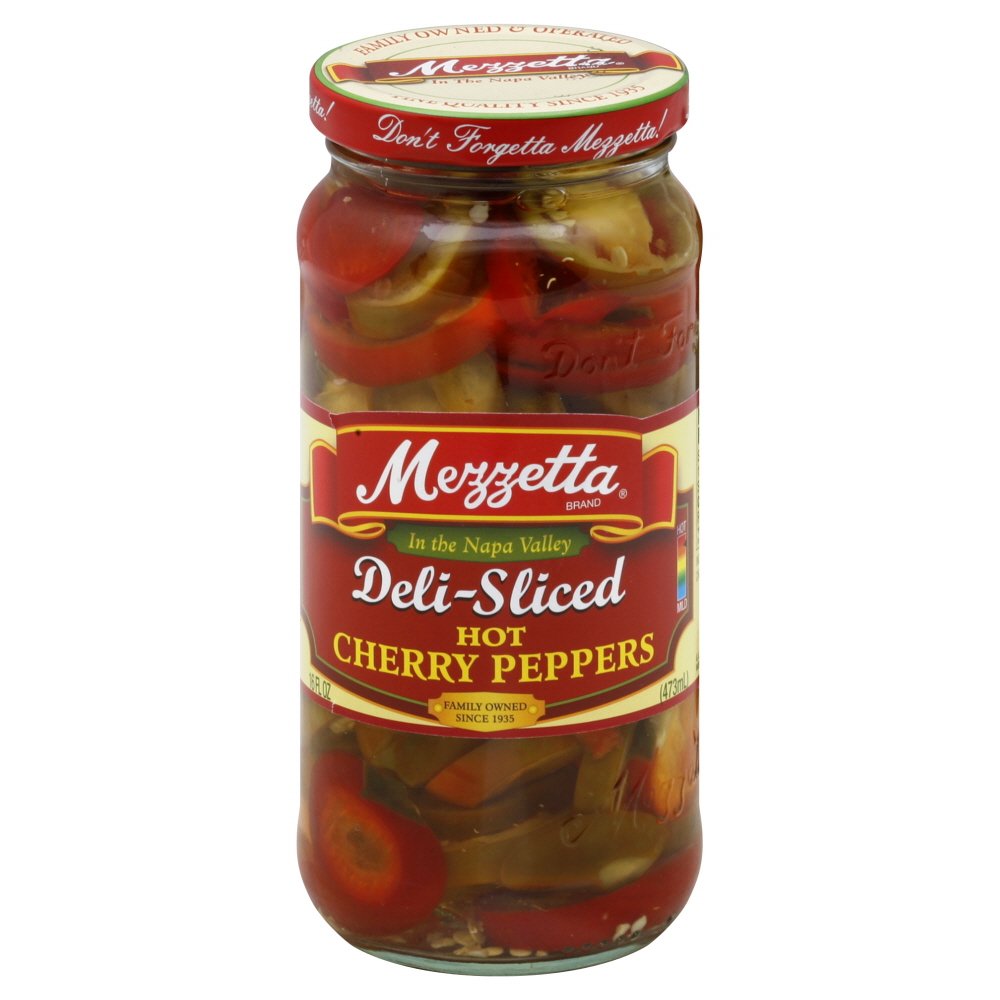 Mezzetta Cherry Peppers Sliced Hot in a jar, zesty, crisp bite for sandwiches and antipasto.