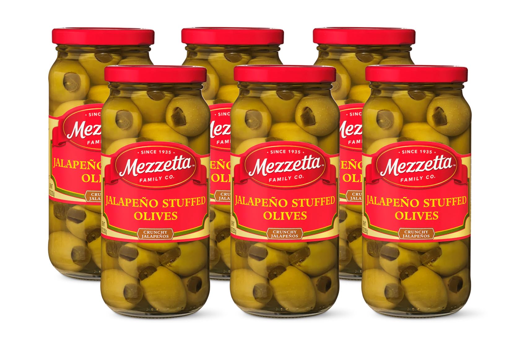 Mezzetta Jalapeno Stuffed Olives jar label featuring local Napa peppers, fresh flavor.