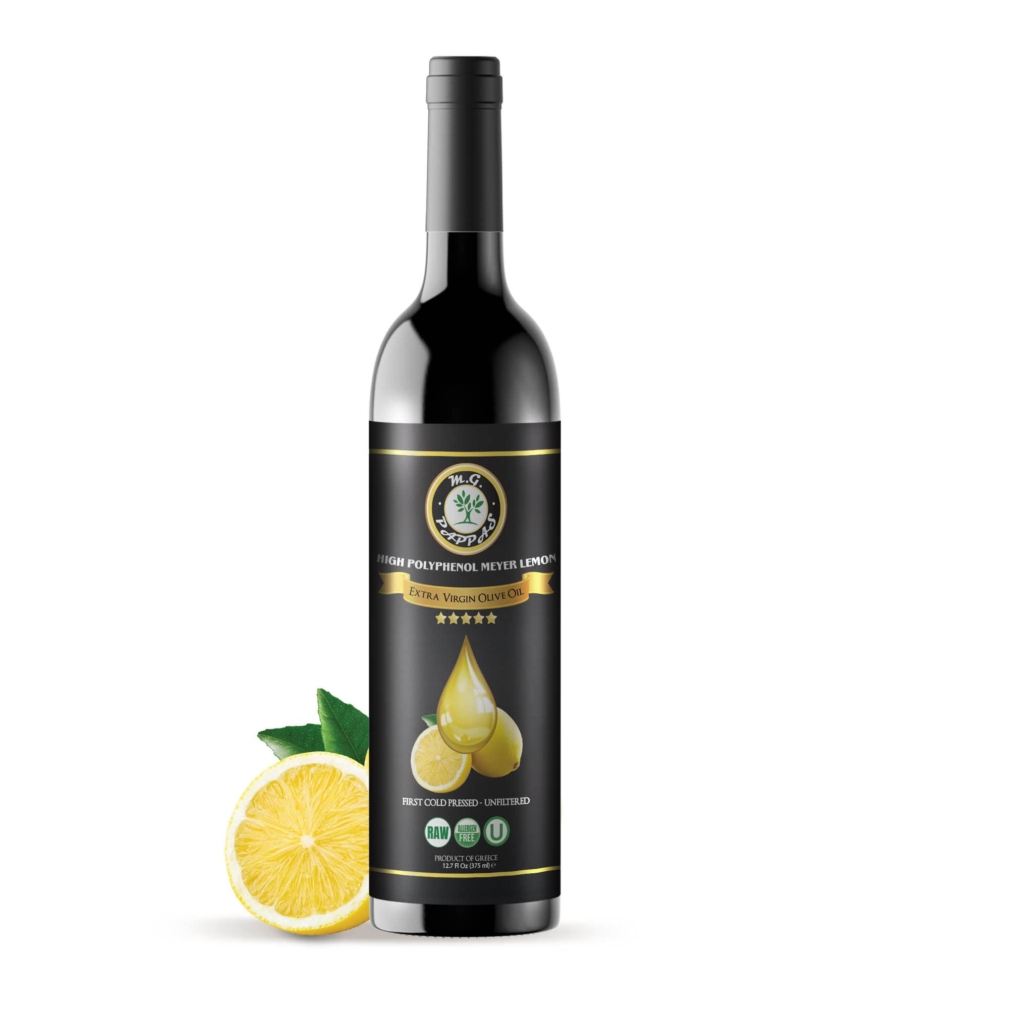 M.G. PAPPAS Meyer lemon olive oil bottle with bright citrus aroma for dressings.