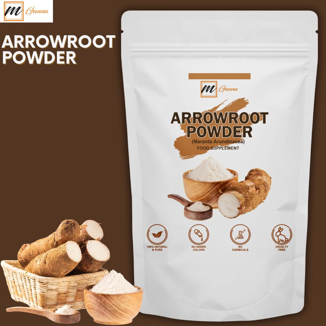 mGanna Arrowroot Powder bag-spout image emphasizes resealable packaging and freshness.