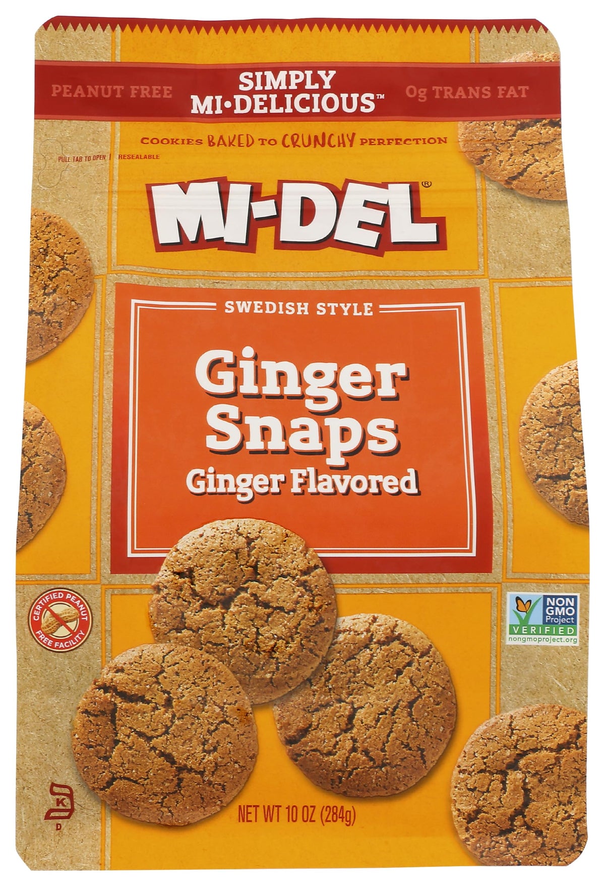 Mi-Del Ginger Flavored Snaps close-up of the crispy bite, ideal with tea.