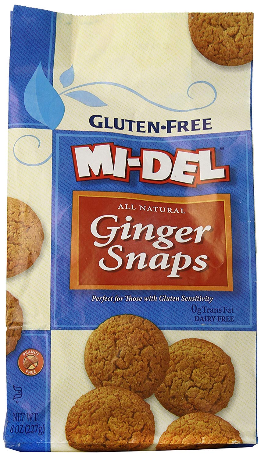 Mi-Del gluten-free ginger snaps pack front, ideal for gluten-sensitive snacking.
