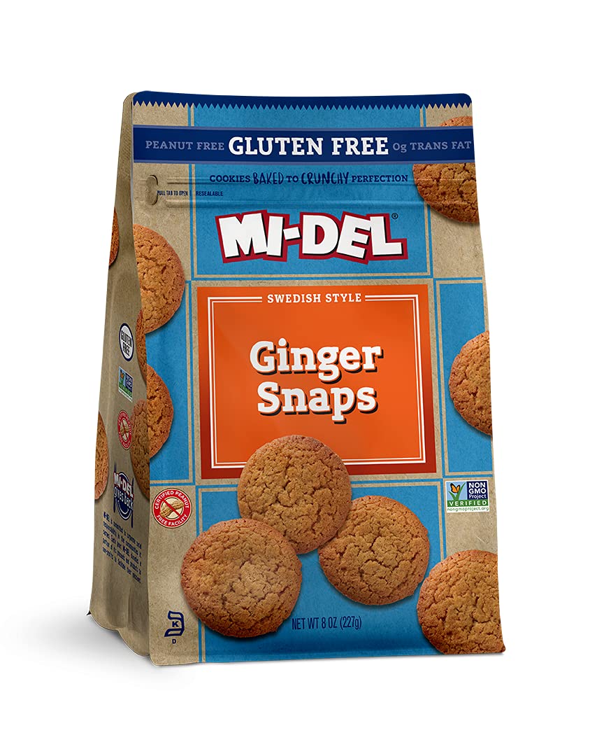 Mi-Del gluten free ginger snaps packaging highlights allergen friendly, non-GMO cookies.