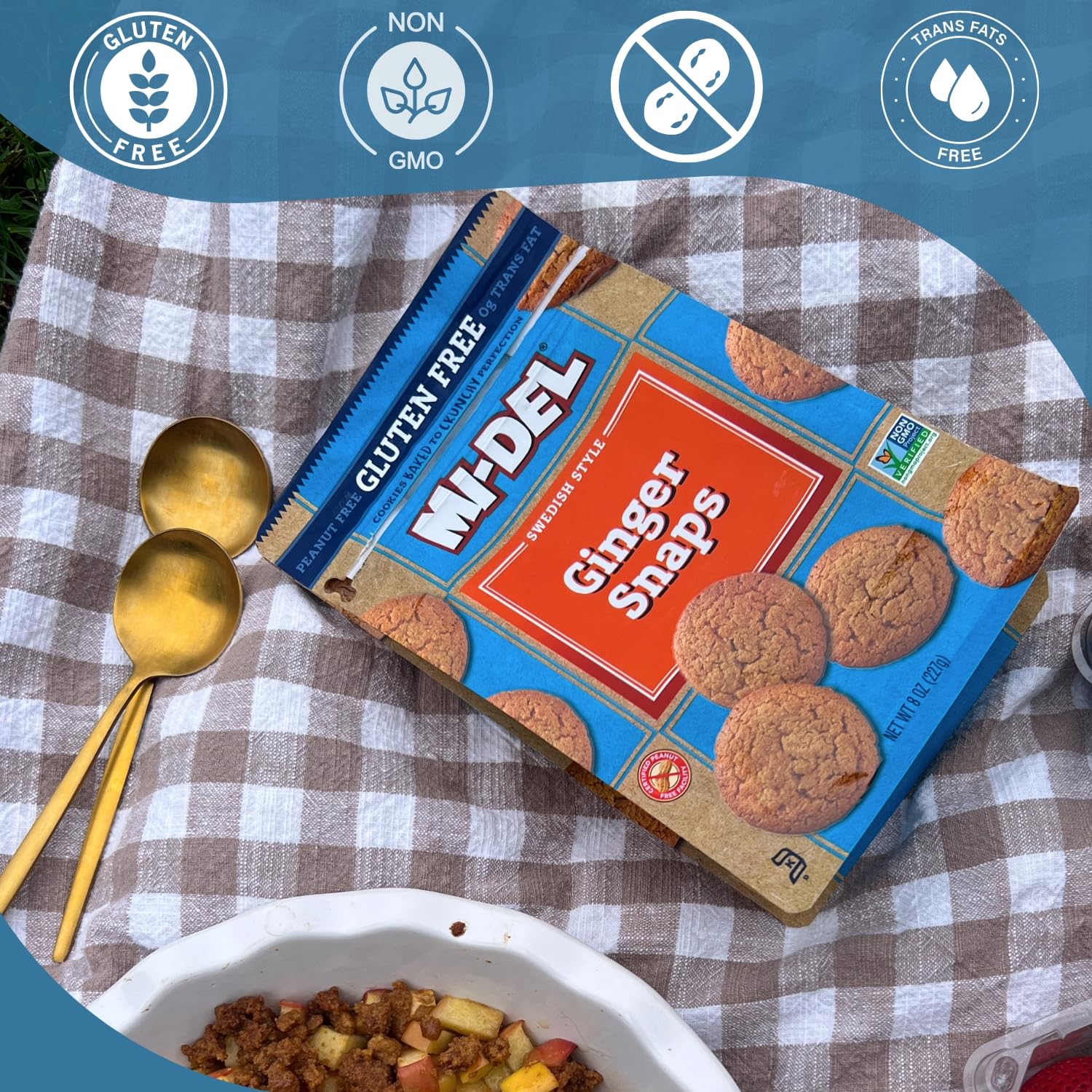 Mi-Del gluten free ginger snaps tin showcases convenient, long-lasting shelf life.