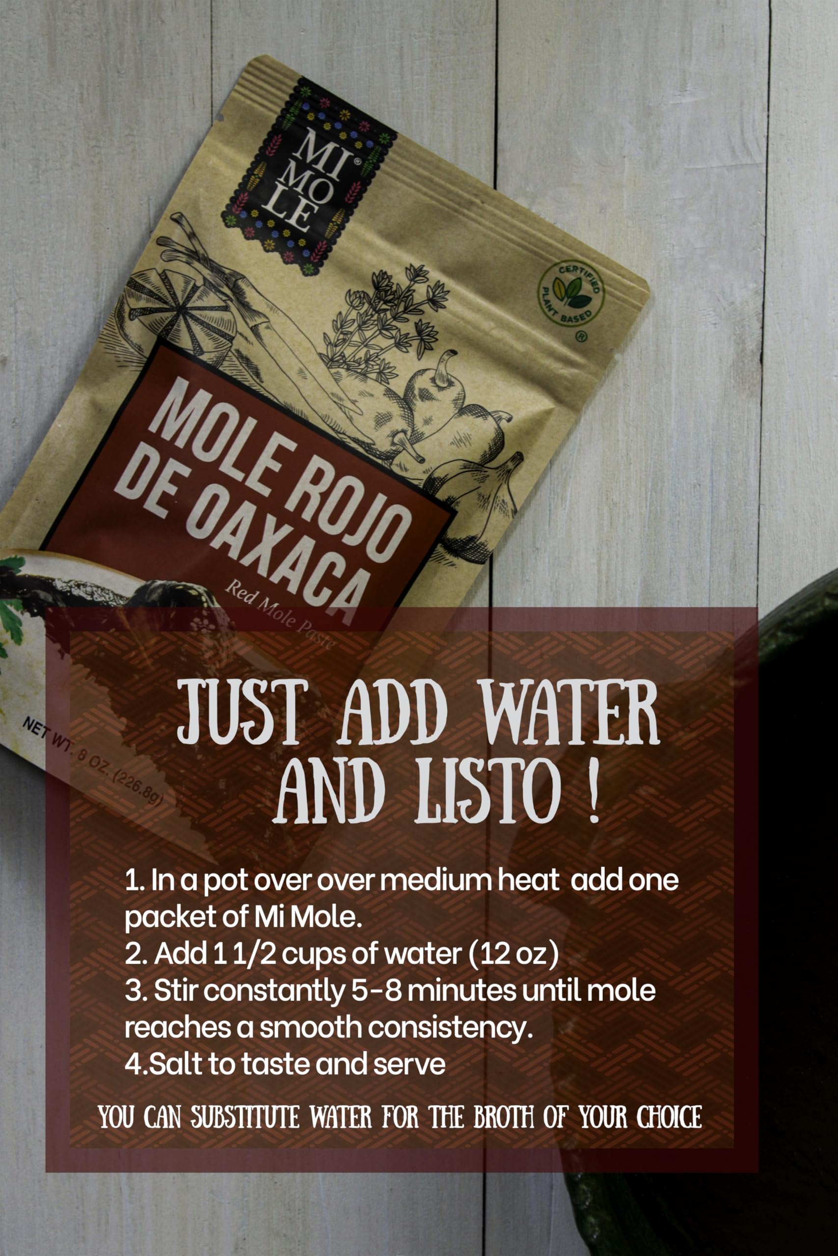 Mi Mole 26-ingredient list highlights bold spices and plant-based heritage.