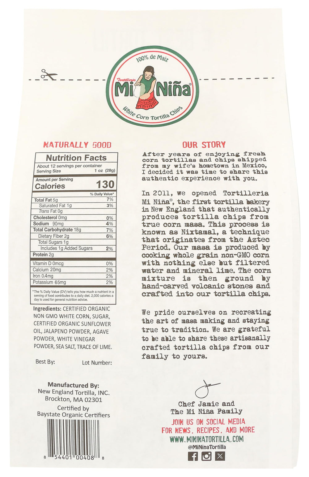 Mi Nina jalapeño agave chips closeup highlights spicy aroma and corn texture.