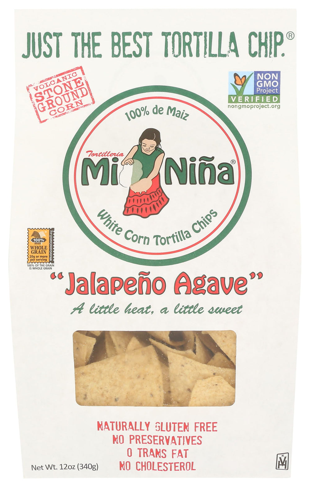 Mi Nina tortilleria jalapeño agave chips pack shows bold flavor and crisp crunch.