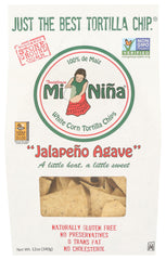 Mi Nina tortilleria jalapeño agave chips pack shows bold flavor and crisp crunch.