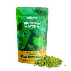 Miaroo ceremonial-grade matcha powder in a jar showing vibrant green color for a clean energy boost.