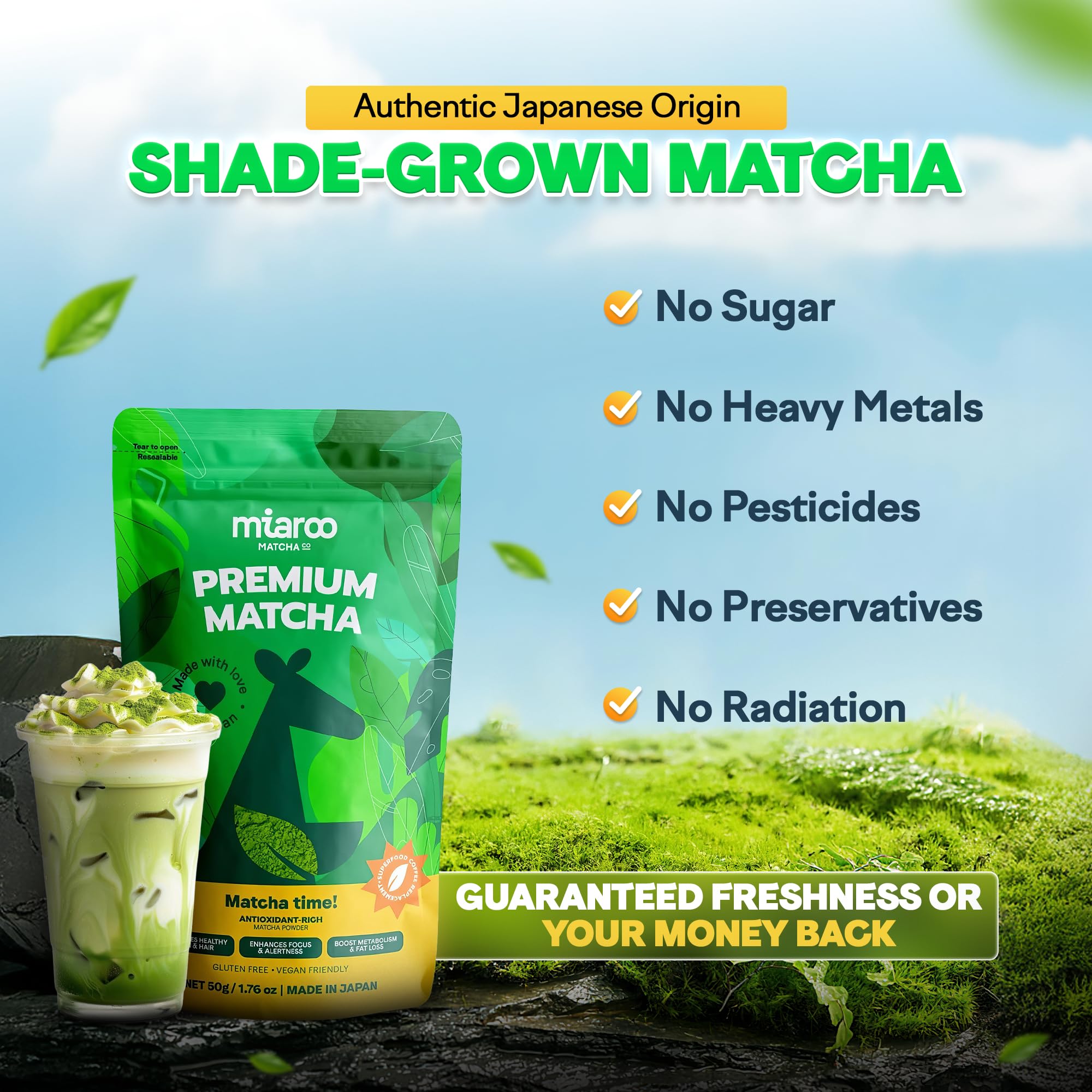 Miaroo ceremonial-grade powder close-up with fine texture ideal for smooth lattes and shakes.