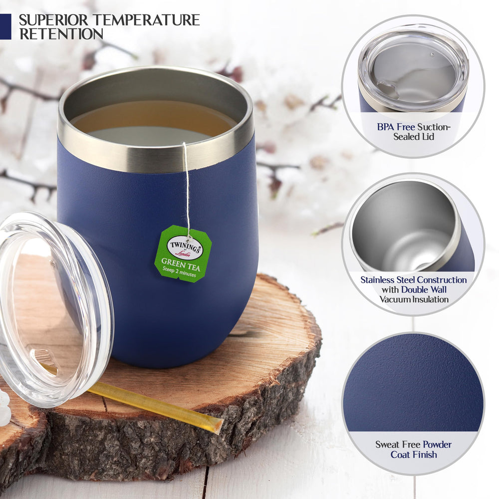 Insulated mug close-up shows durable stainless steel and lid.