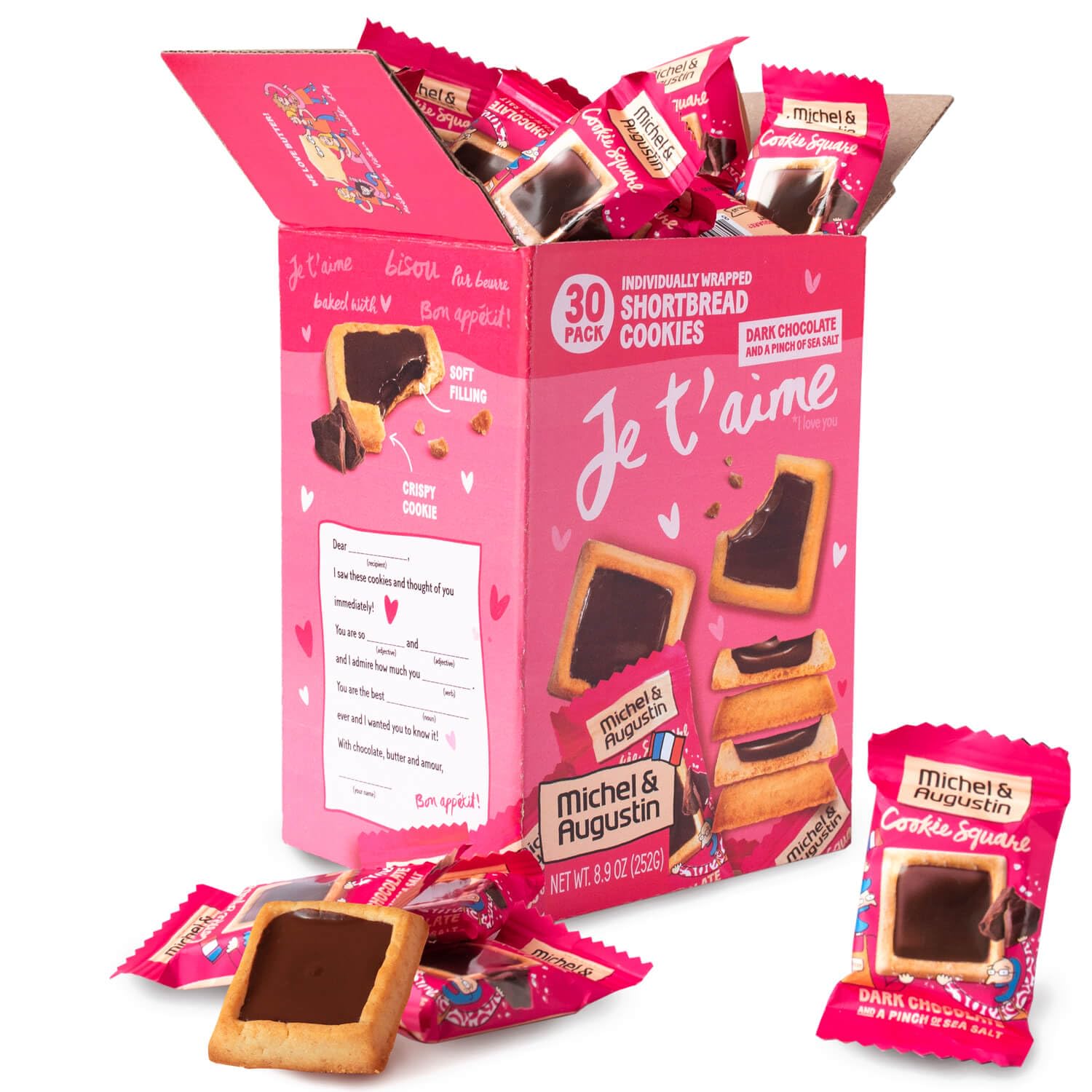 Michel et Augustin cookie squares with dark chocolate and sea salt, ideal for sharing.