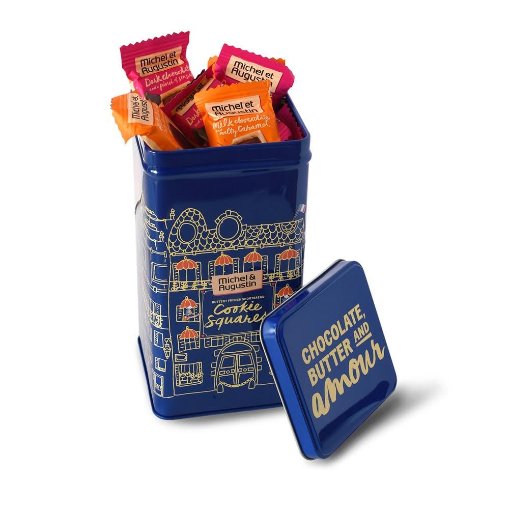 Michel et Augustin dark chocolate sea salt cookies in a festive tin, great for sharing