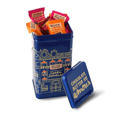 Michel et Augustin dark chocolate sea salt cookies in a festive tin, great for sharing
