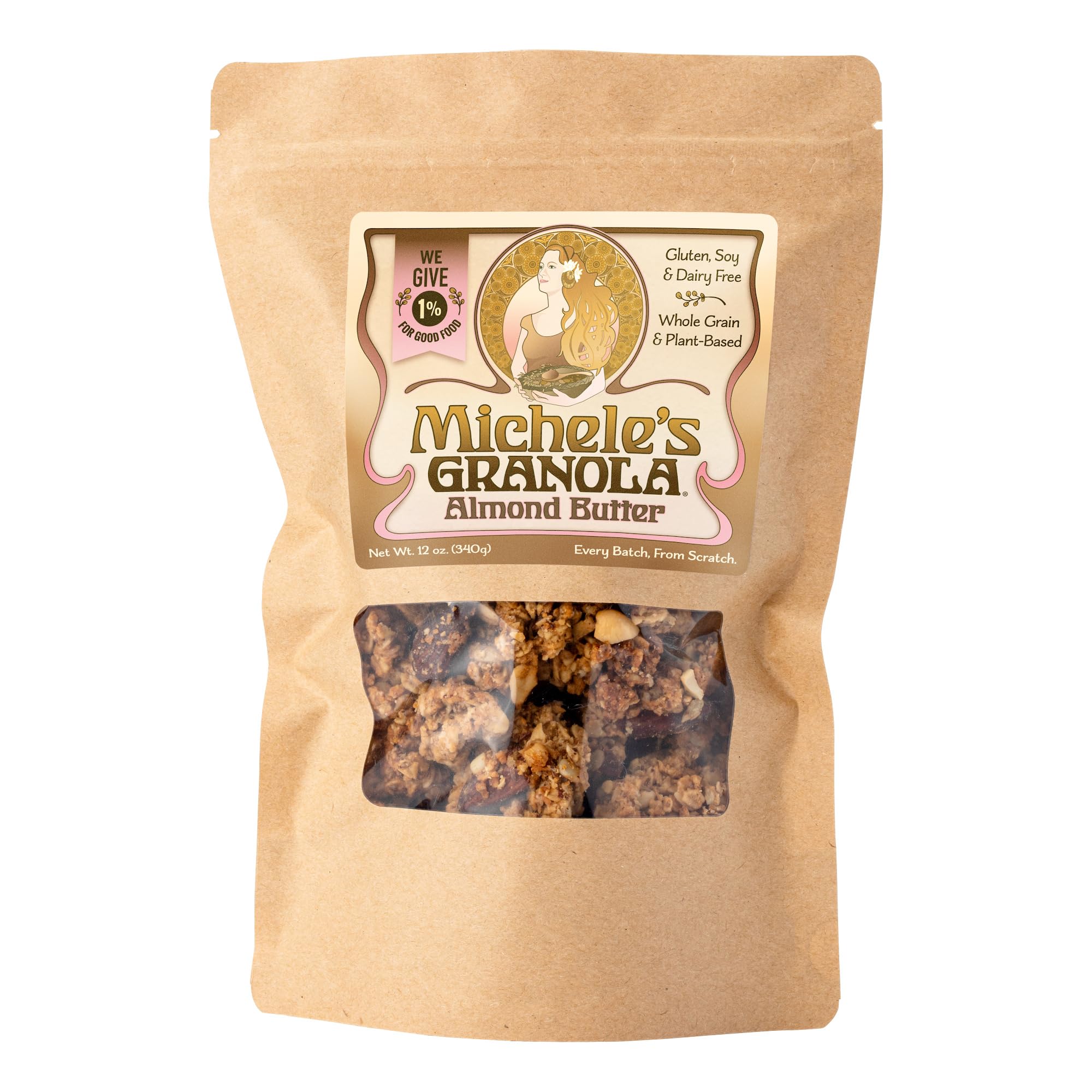 Michele's Granola almond butter jar closeup for gluten-free, dairy-free breakfast.