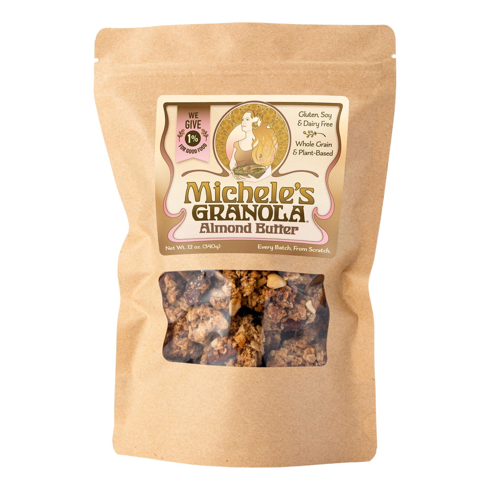 Michele's Granola almond butter jar closeup for gluten-free, dairy-free breakfast.