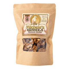 Michele's Granola almond butter jar closeup for gluten-free, dairy-free breakfast.