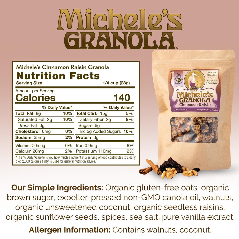Michele’s Granola Cinnamon Raisin crunchy clusters topping yogurt.