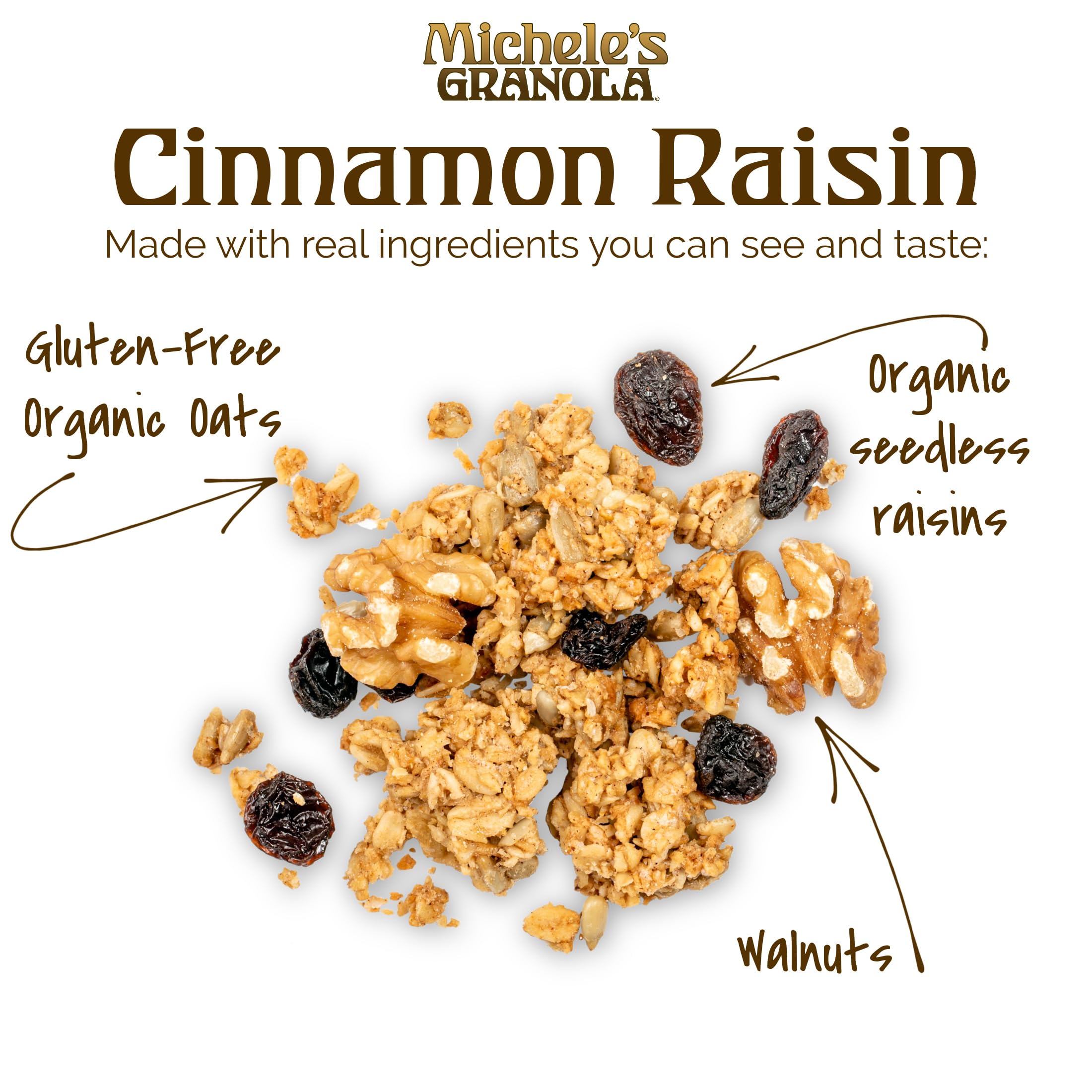 Michele’s Granola Cinnamon Raisin spoon scooping oats and raisins for a crunchy snack.