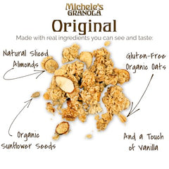 Michele's Granola Original ingredients display with oats, almonds, and coconut.