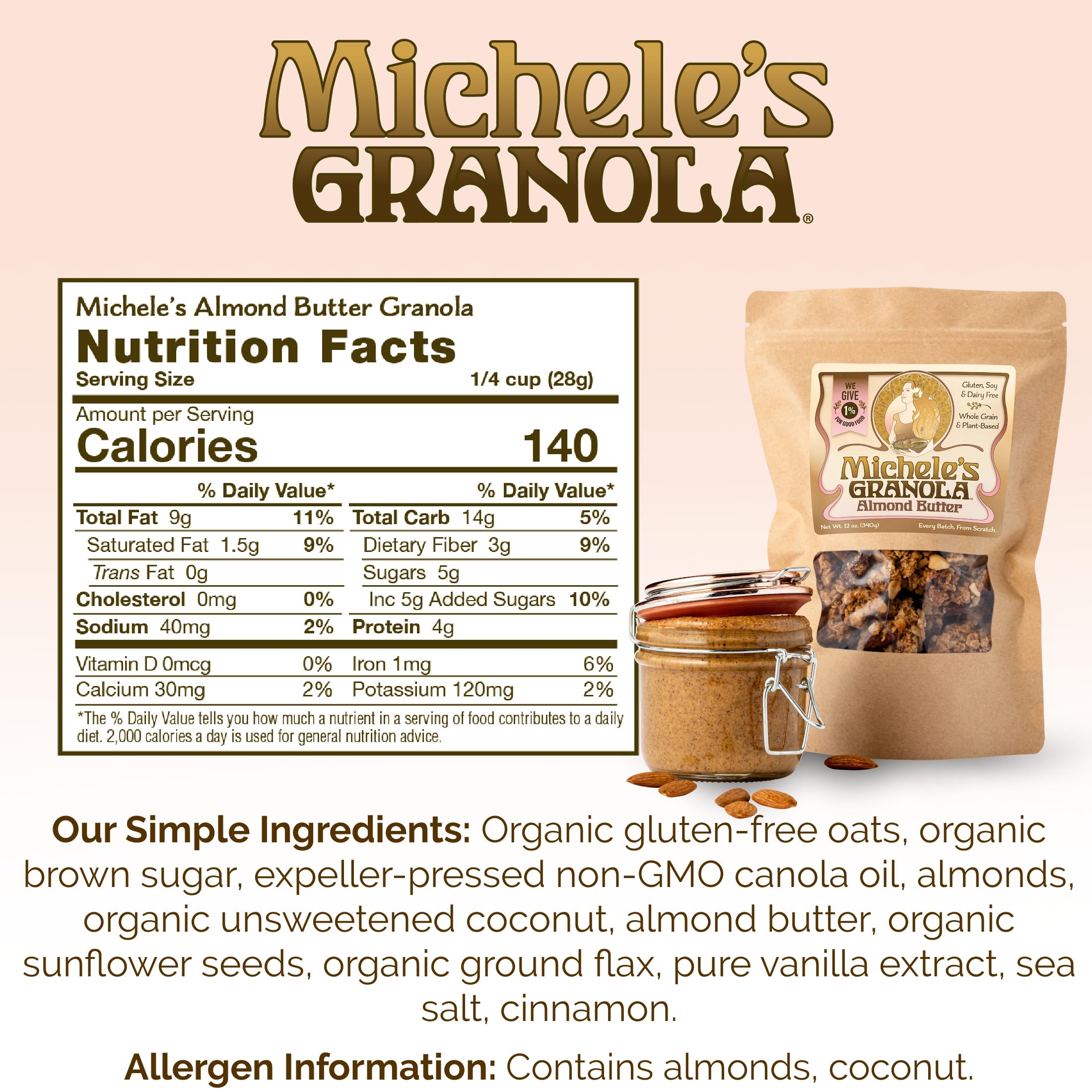 Michele's Granola packaging box showcasing handmade, non-GMO oats.