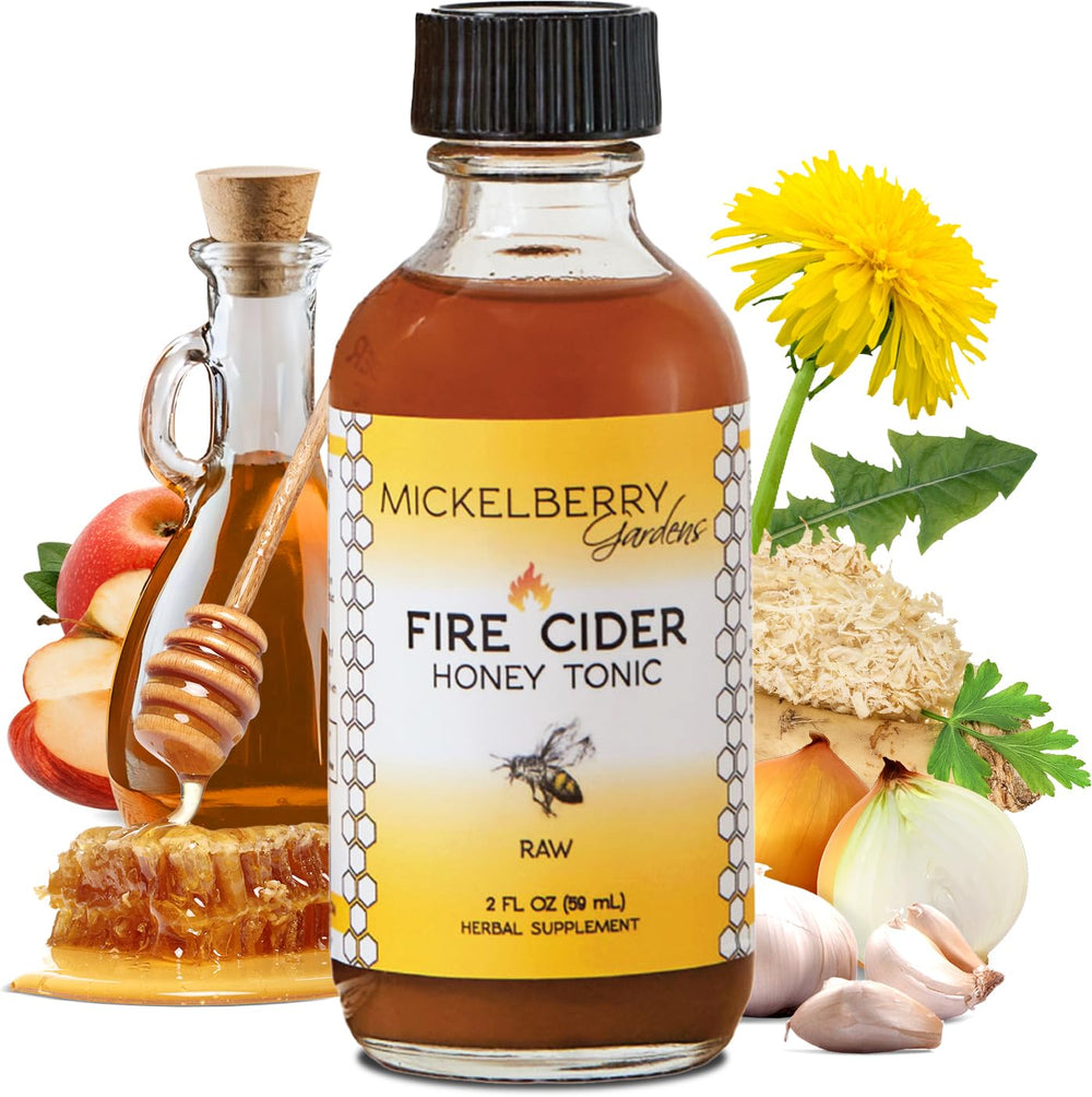 Mickelberry Gardens Fire Cider bottle pour showcases tangy probiotic blend for digestive comfort
