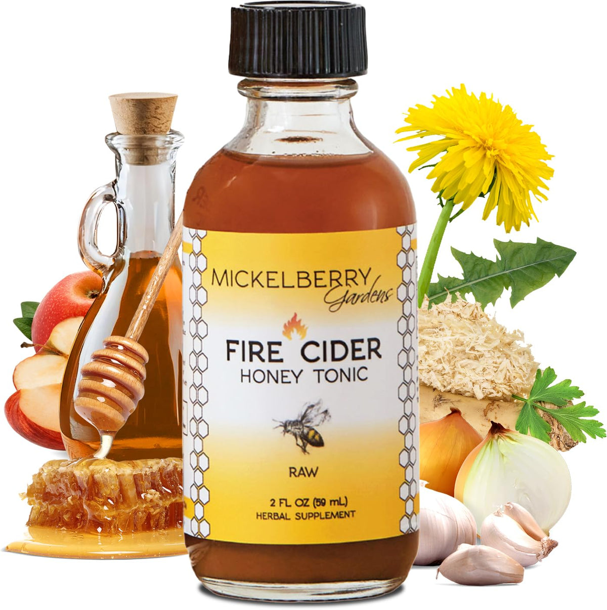 Mickelberry Gardens Fire Cider bottle pour showcases tangy probiotic blend for digestive comfort