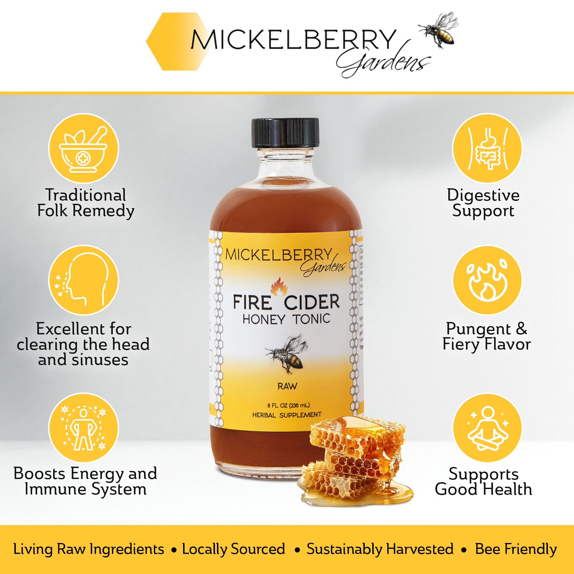 Mickelberry Gardens Fire Cider Honey Tonic ingredients close-up highlighting turmeric and ginger