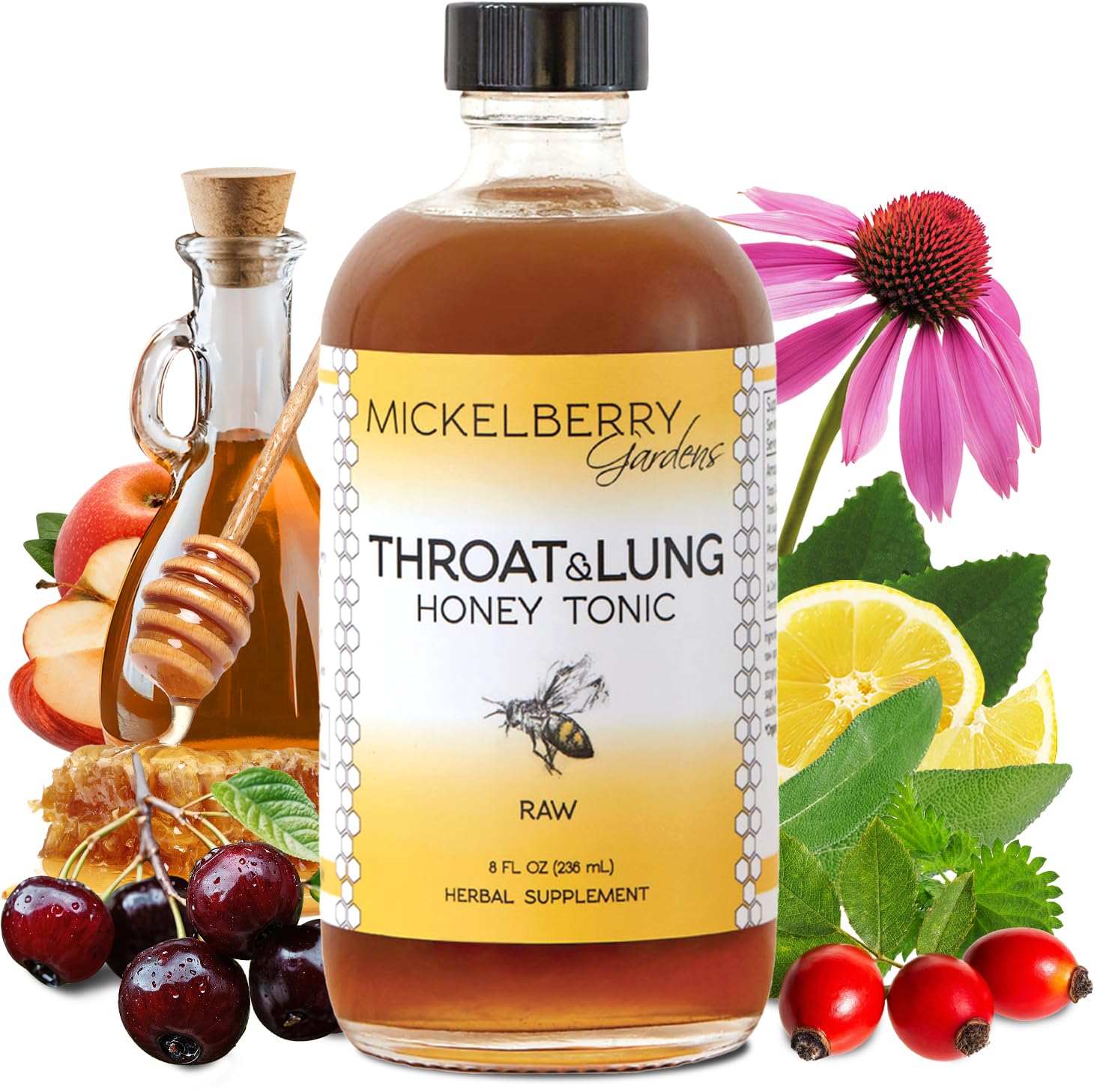 Mickelberry Gardens Throat and Lung Honey Tonic bottle promotes daily throat comfort.