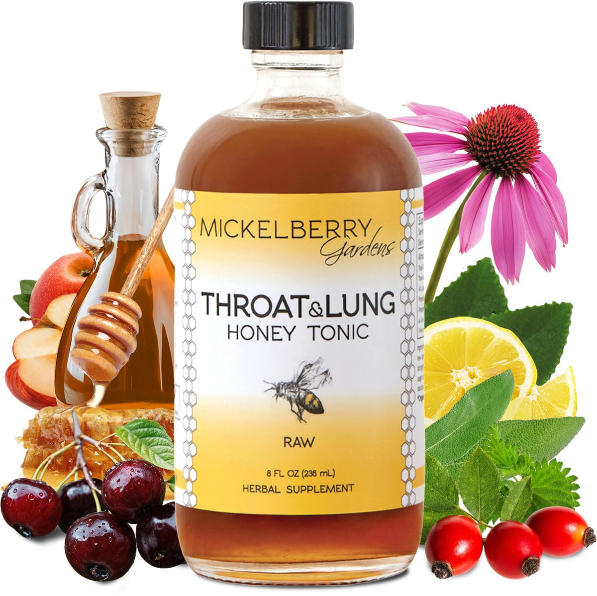 Mickelberry Gardens Throat and Lung Honey Tonic bottle promotes daily throat comfort.