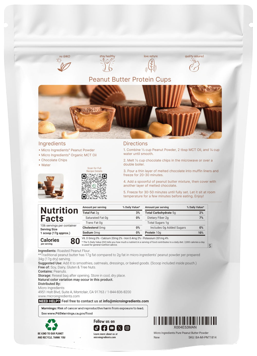 Micro Ingredients peanut powder with 10g protein per serving for shakes and bowls.