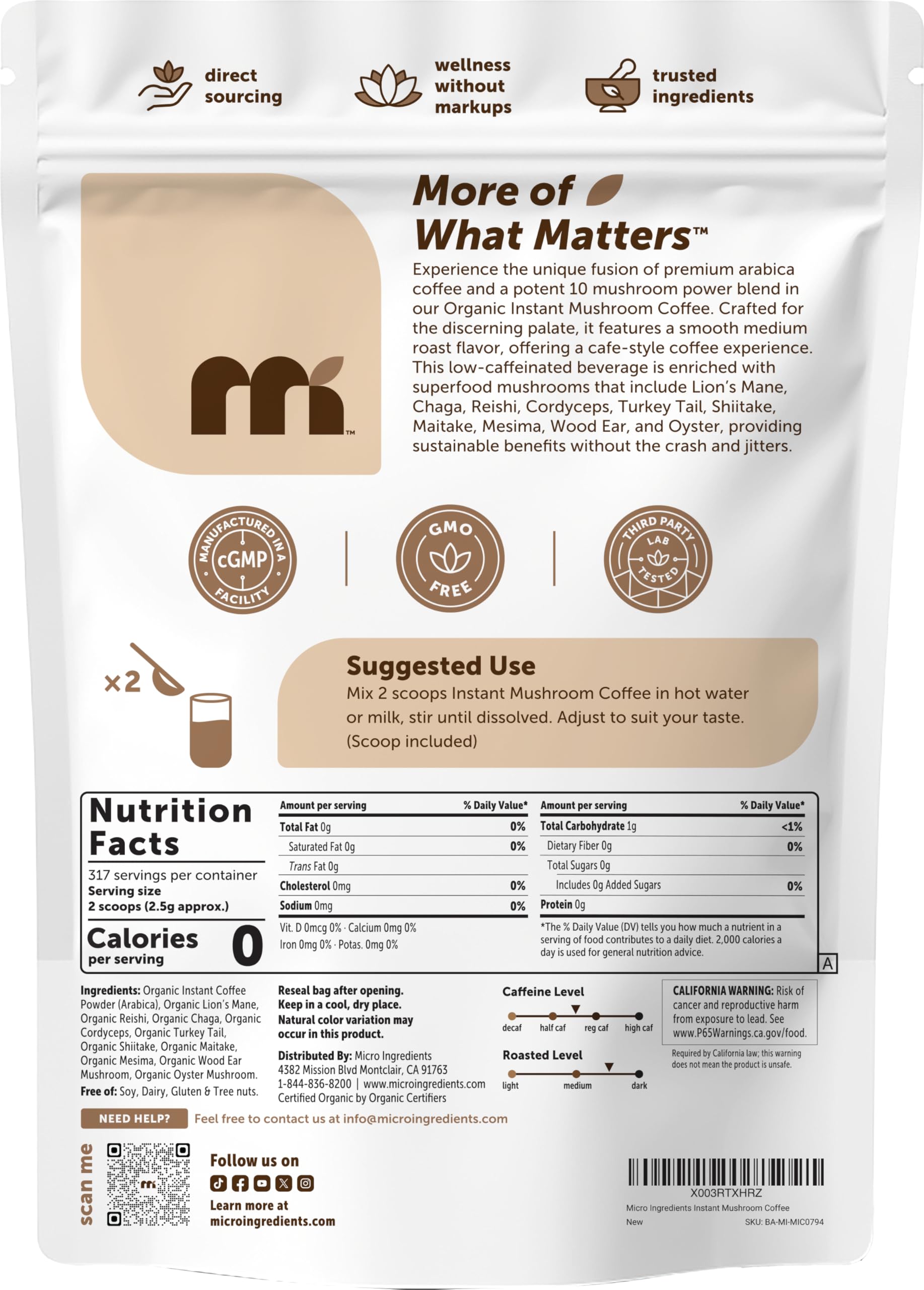 Micro Ingredients third-party tested mushroom coffee ensures purity