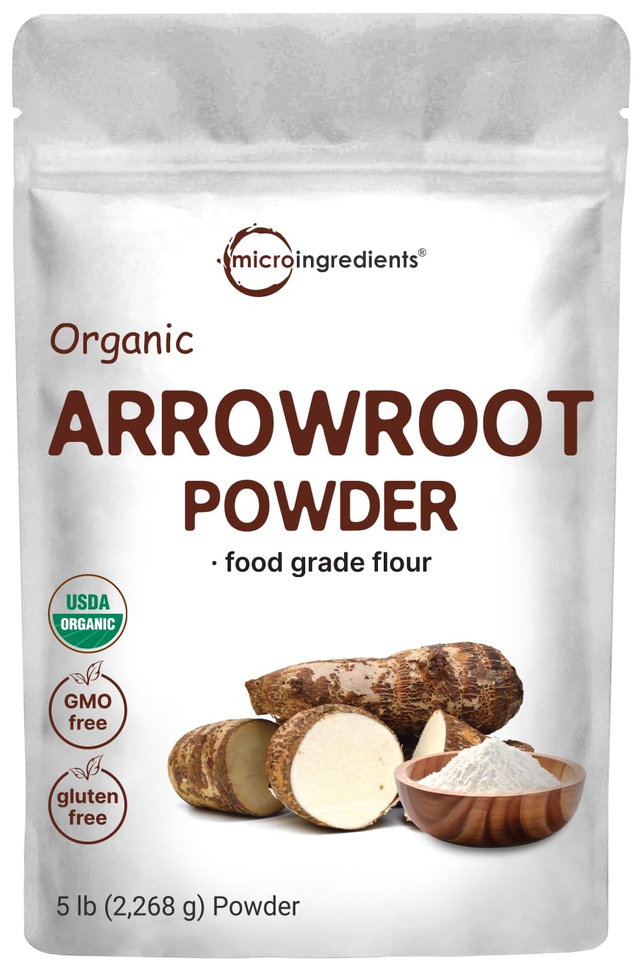 Micro Ingredients Organic Arrowroot Powder 5lb packaging for bulk gluten-free cooking.